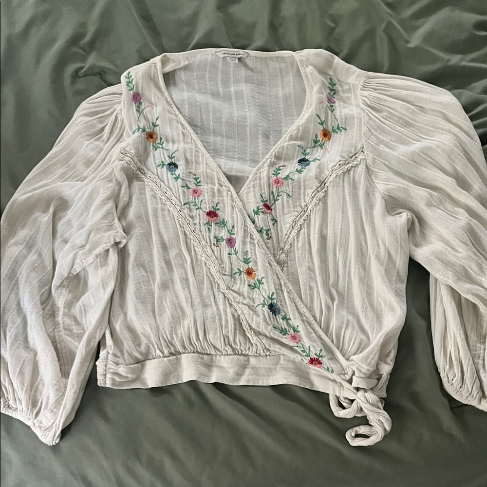 American Eagle Outfitters White Floral Embroidered Wrap Top